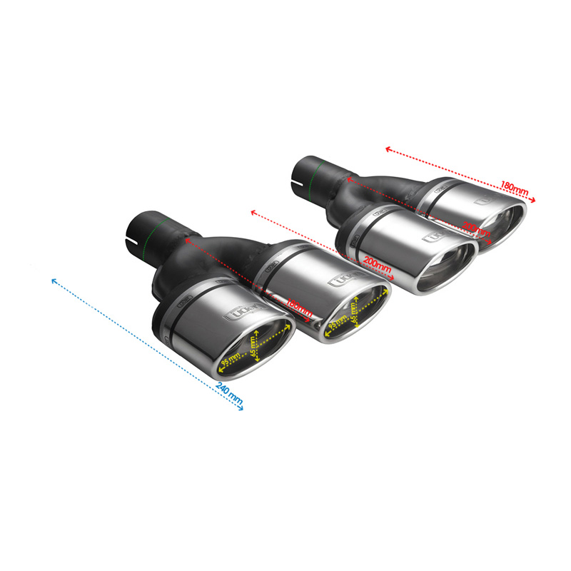 Ulter Sport Uitlaatsierstuk (rechts) - Dubbel Ovaal 95x65mm Schuin - Lengte 200/180mm - Montage ->50mm - RVS